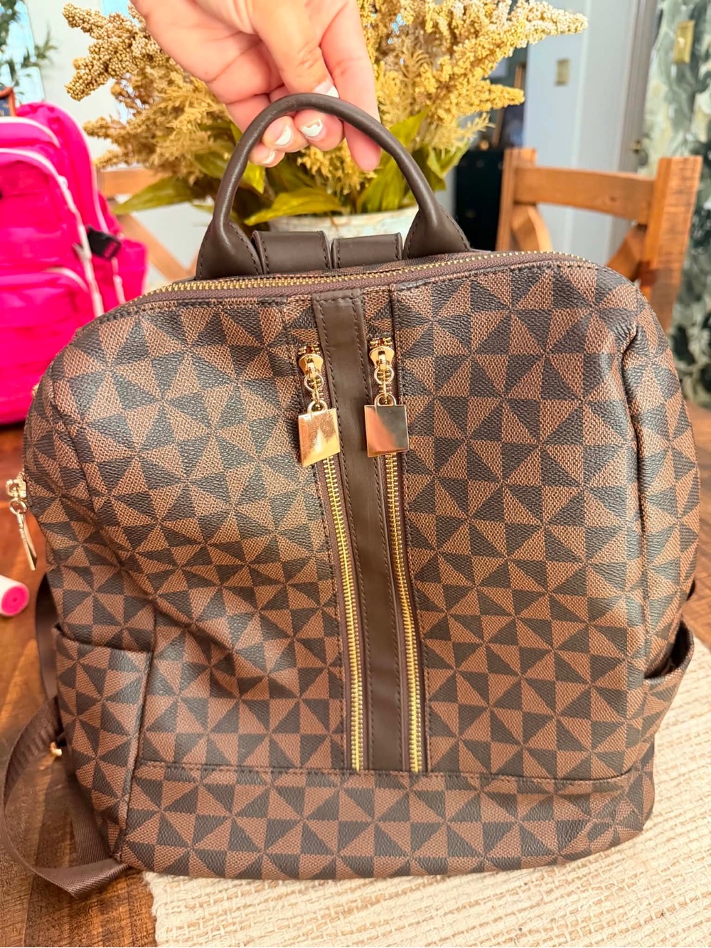 Geometric Brown Backpack with Gold Hardware